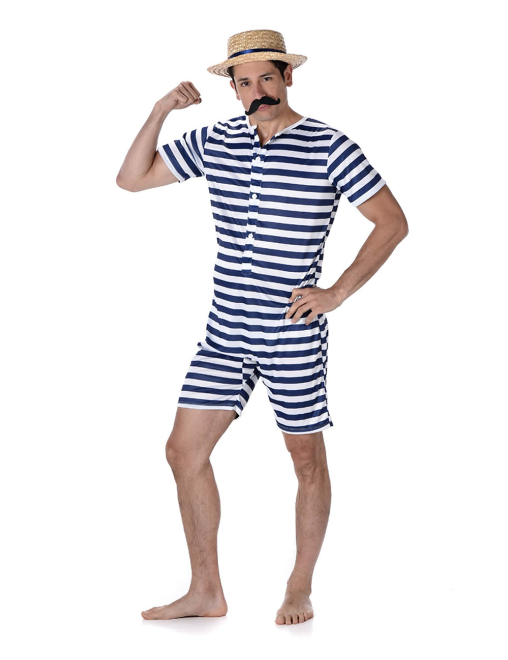 retro badpak kostuum voor heren met blauw en wit gestreepte strepen