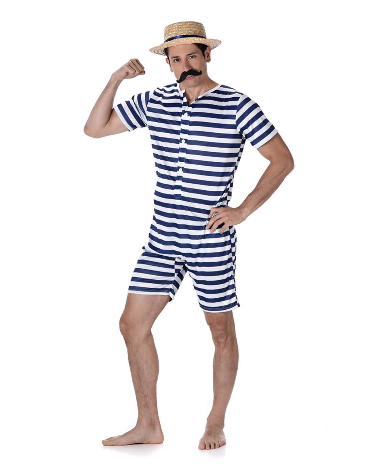 retro badpak kostuum voor heren met blauw en wit gestreepte strepen