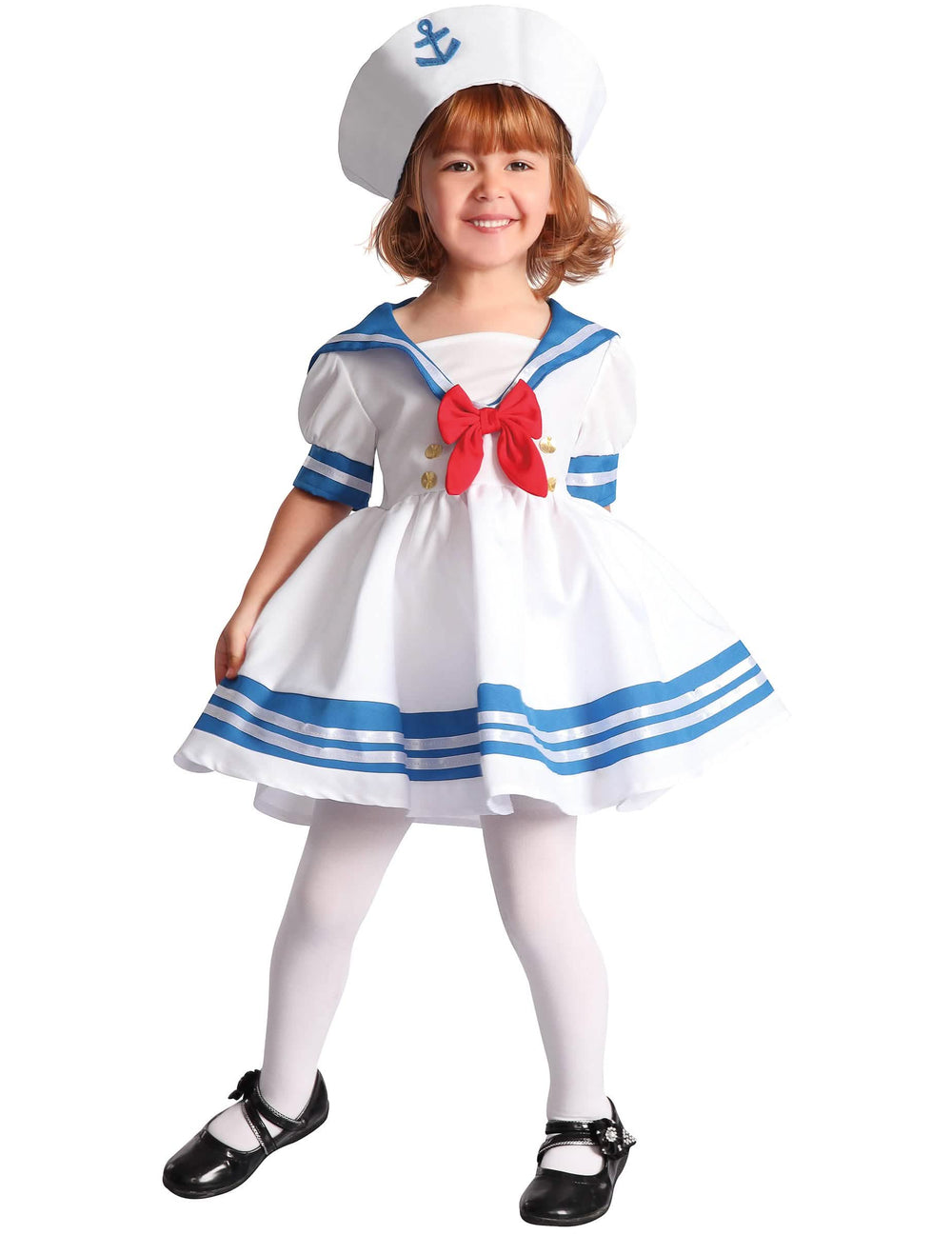 Verkleedkostuum voor meisjes als zeeman wit en blauw met rood strikje en hoed