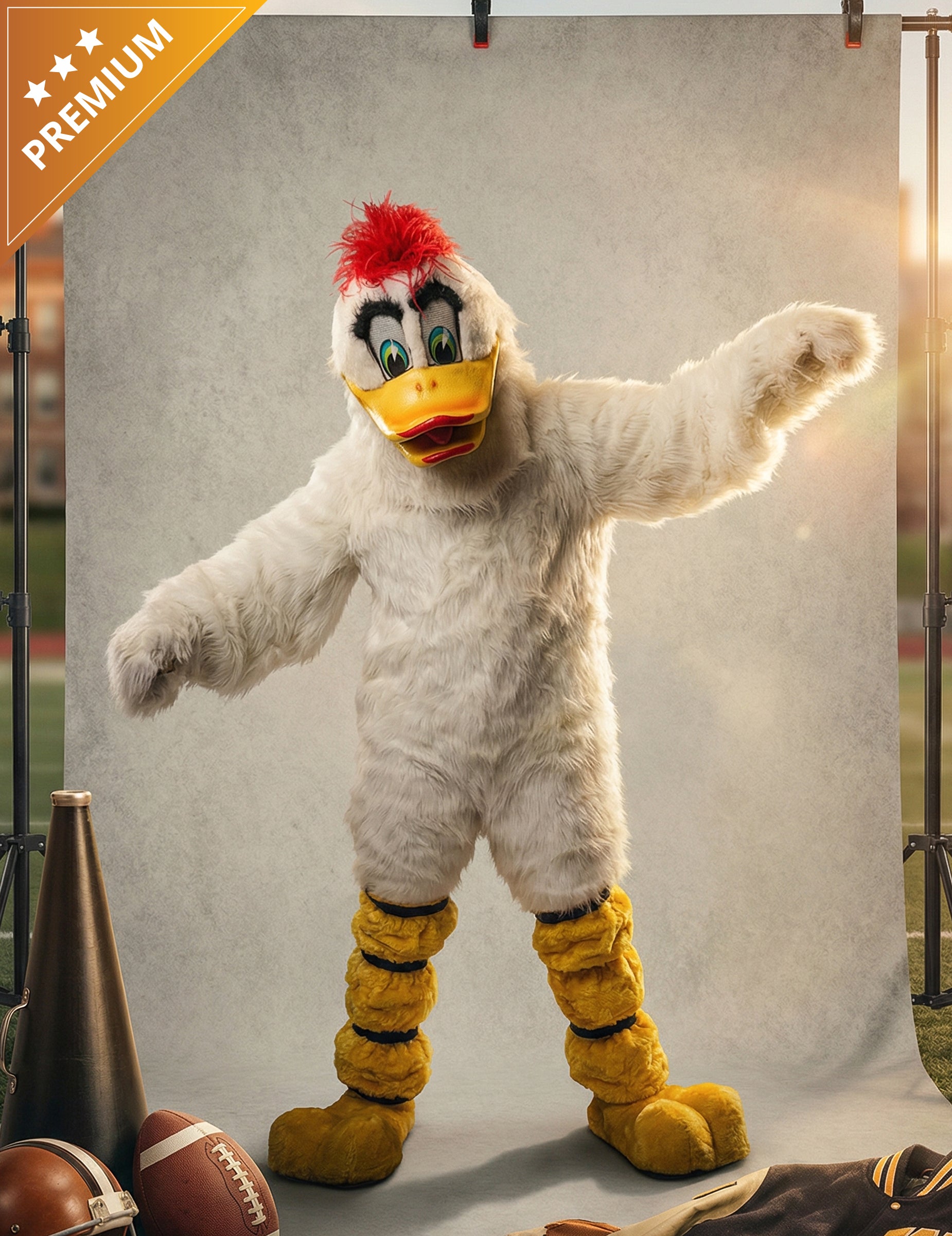 Déguisement mascotte canard pour adulte blanc avec crête rouge et bec jaune