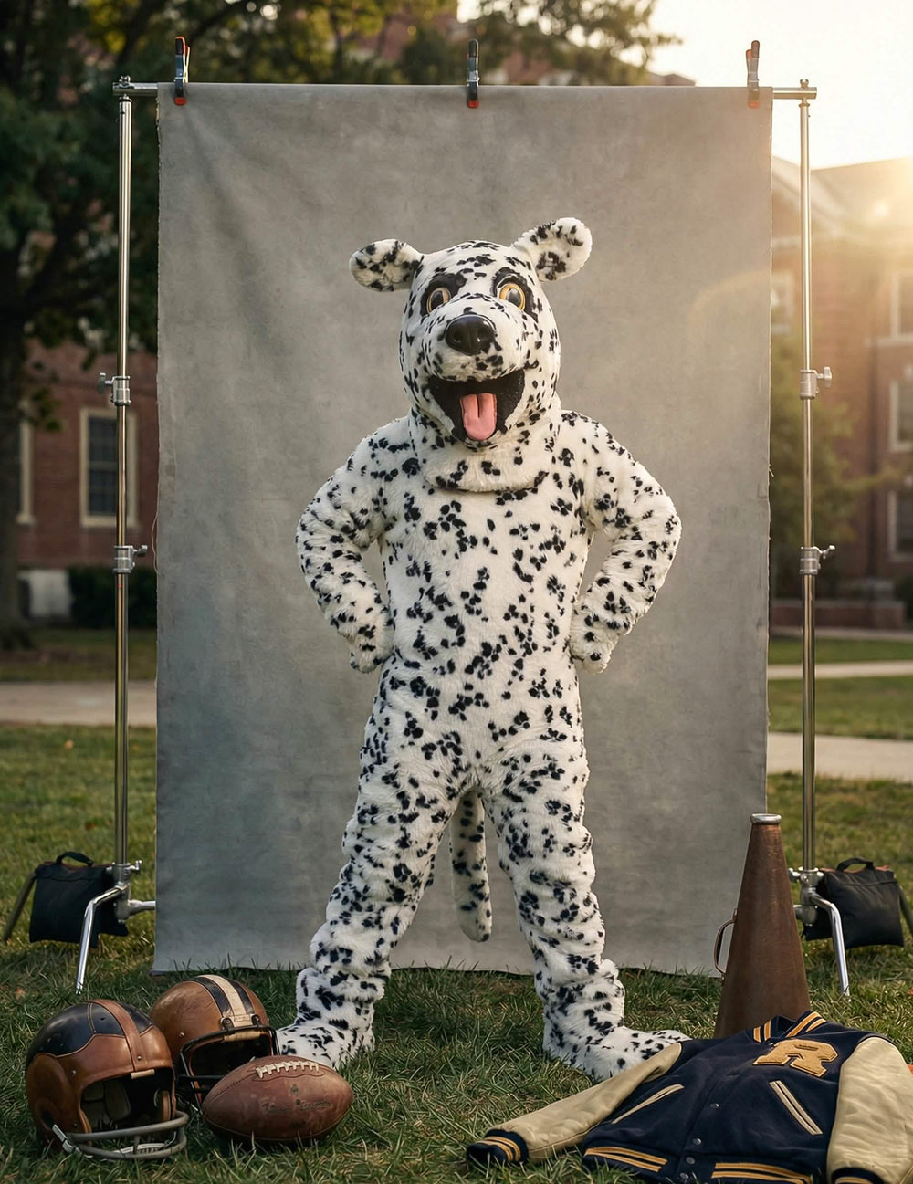 Situatiefoto van het mascotte-hond dalmatiërkostuum