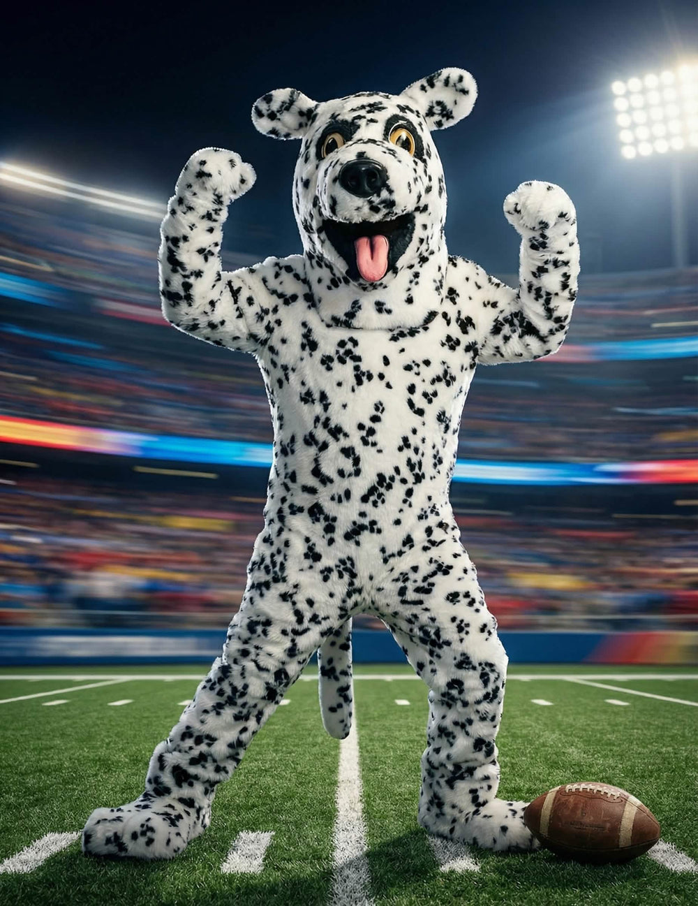 Opstelling in een voetbalstadion van de verkleed mascotte dalmatiër hond voor volwassenen