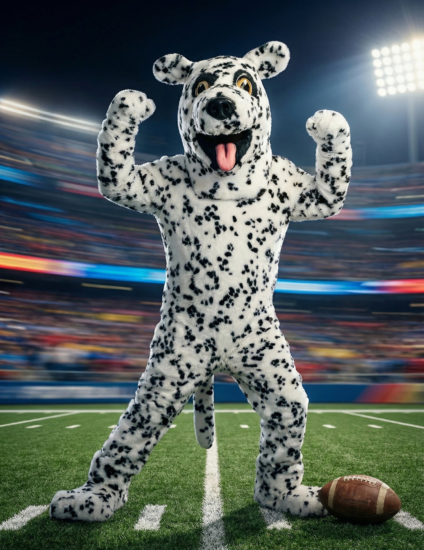 Mise en situation dans un stade de football du déguisement mascotte chien dalmatien pour adulte