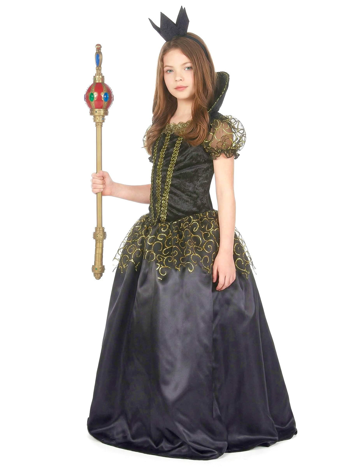 Déguisement de méchante reine pour fille noir et doré avec sceptre et couronne