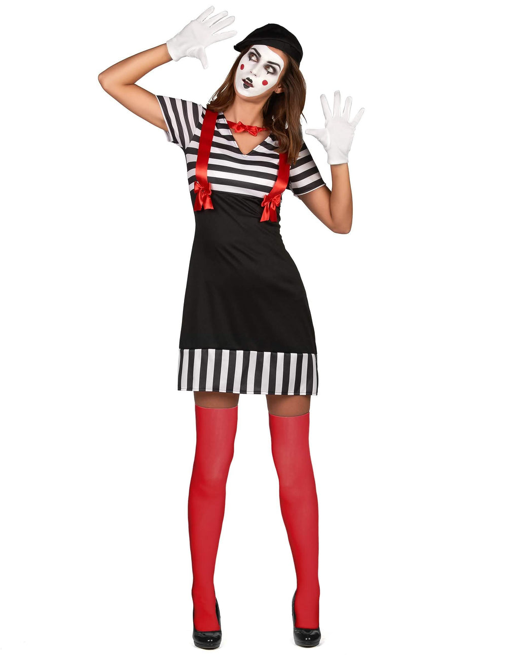 Vue de face de la version femme du déguisement de couple mime