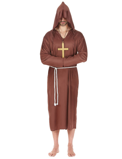 Déguisement moine pour homme marron clair avec capuche et croix dorée