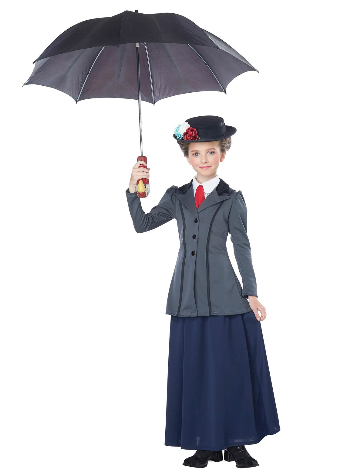 Déguisement de nourrice anglaise luxe pour fille gris et bleu avec chapeau et parapluie