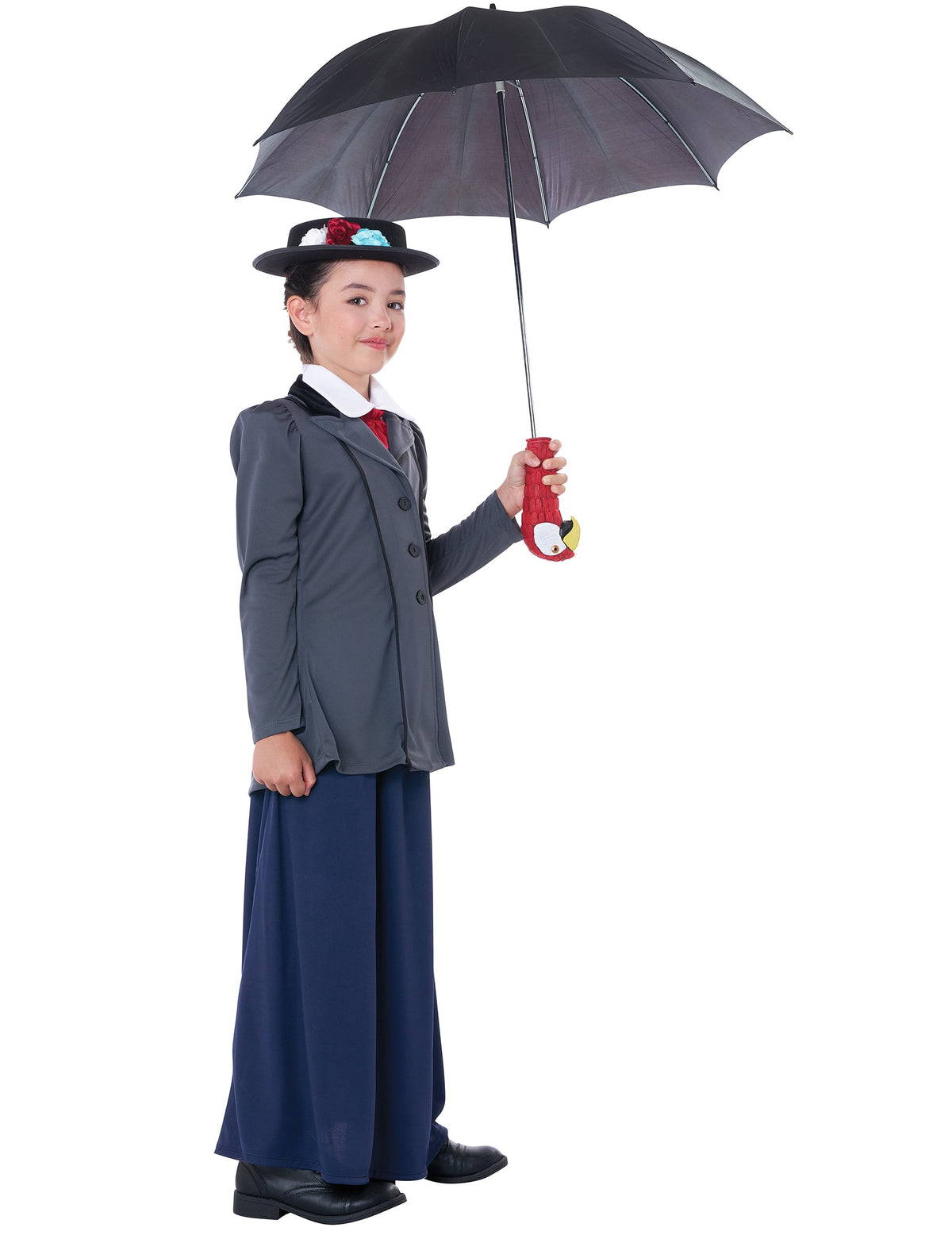 Vue de trois-quarts avec parapluie du déguisement de nourrice anglaise luxe pour fille