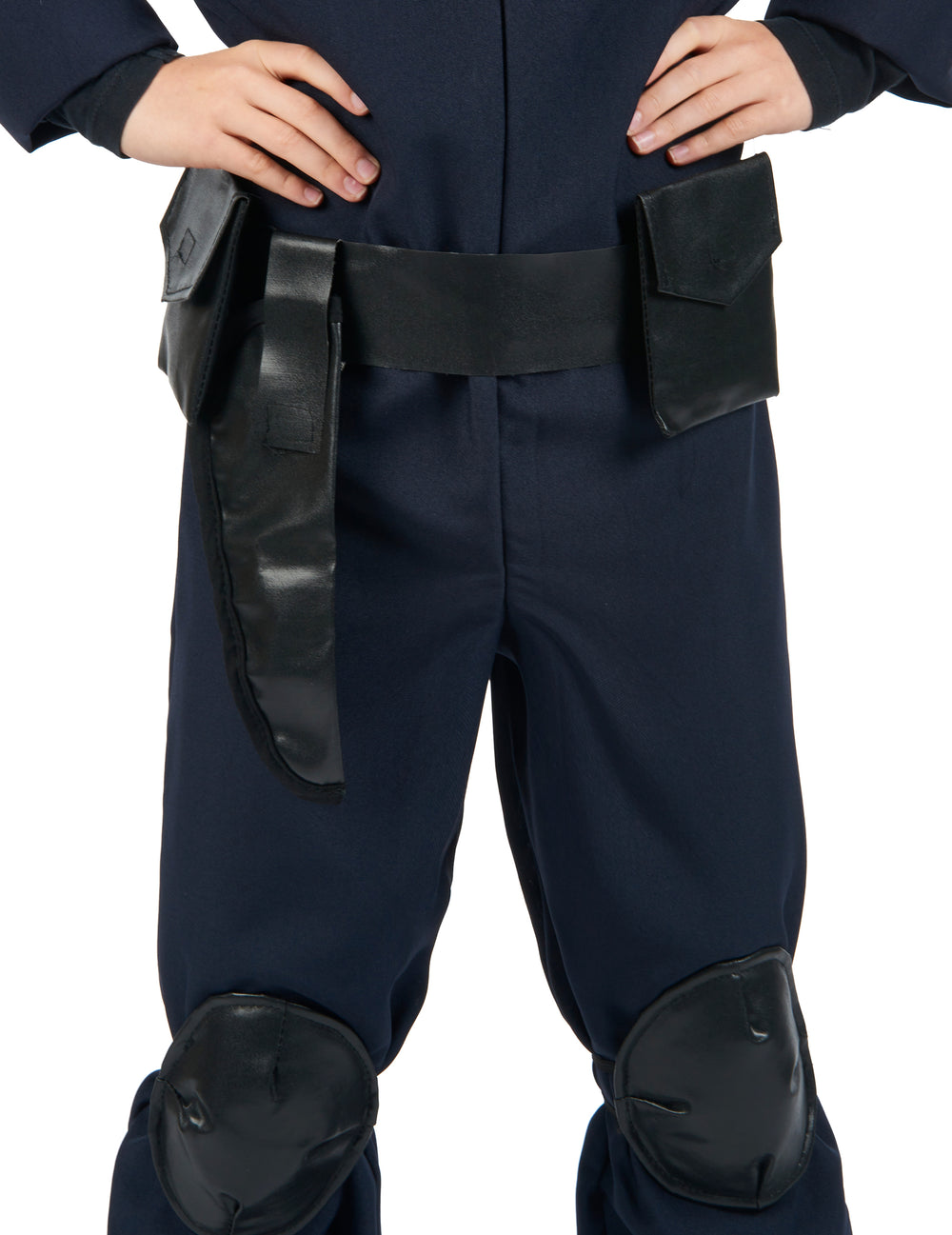 Détail de la ceinture d'accessoires et des genouillères du déguisement officier du SWAT
