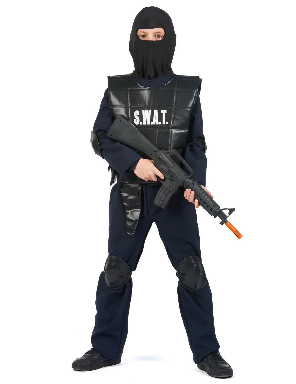 Vue de face avec cagoule et arme factice du déguisement officier du SWAT