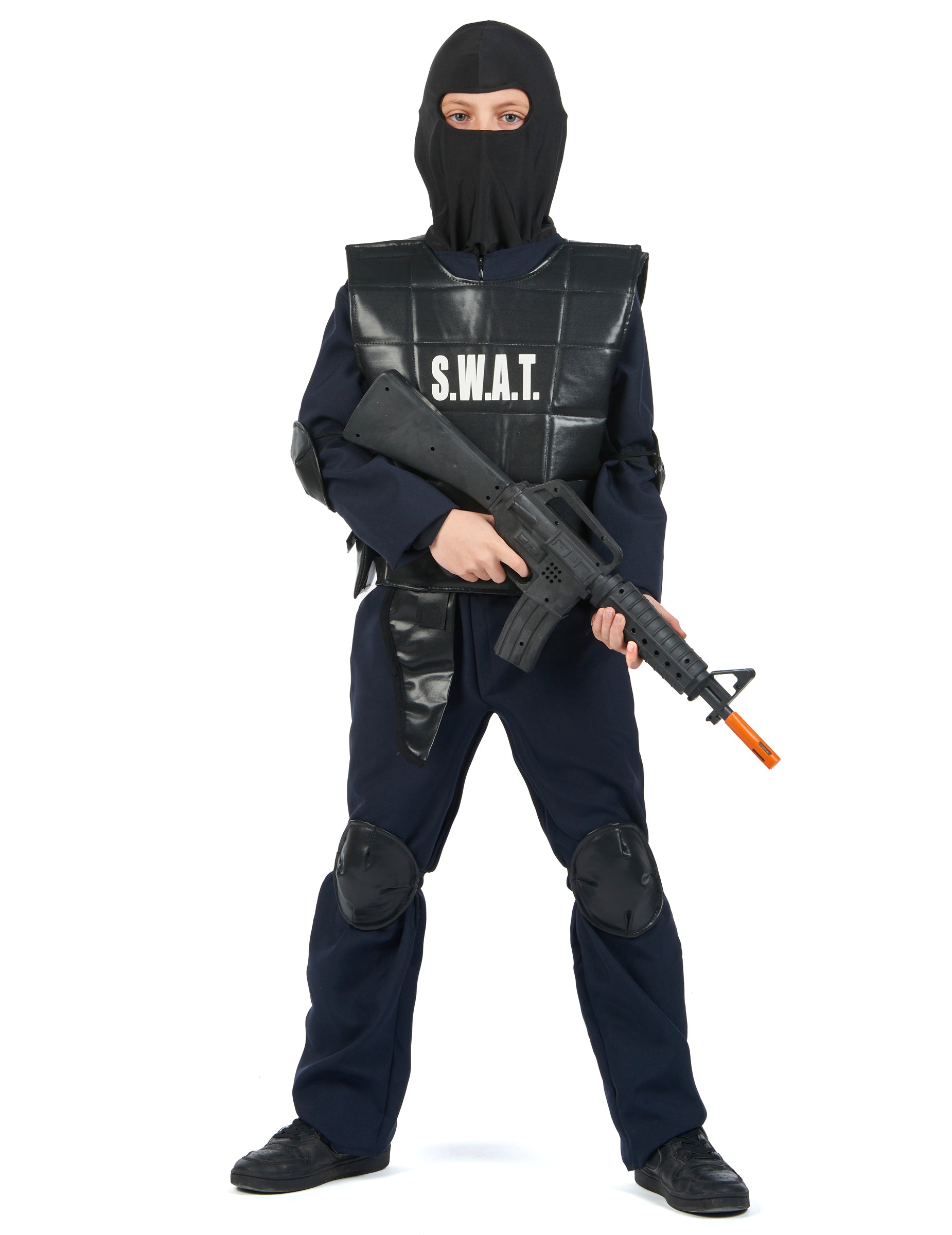 Vue de face avec cagoule et arme factice du déguisement officier du SWAT