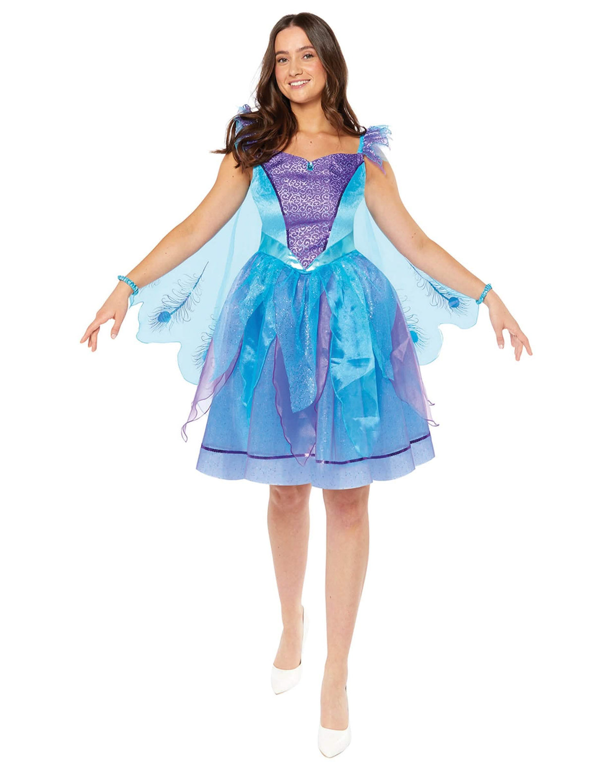 Déguisement de paon élégant pour femme bleu et violet avec ailes à motifs plumes