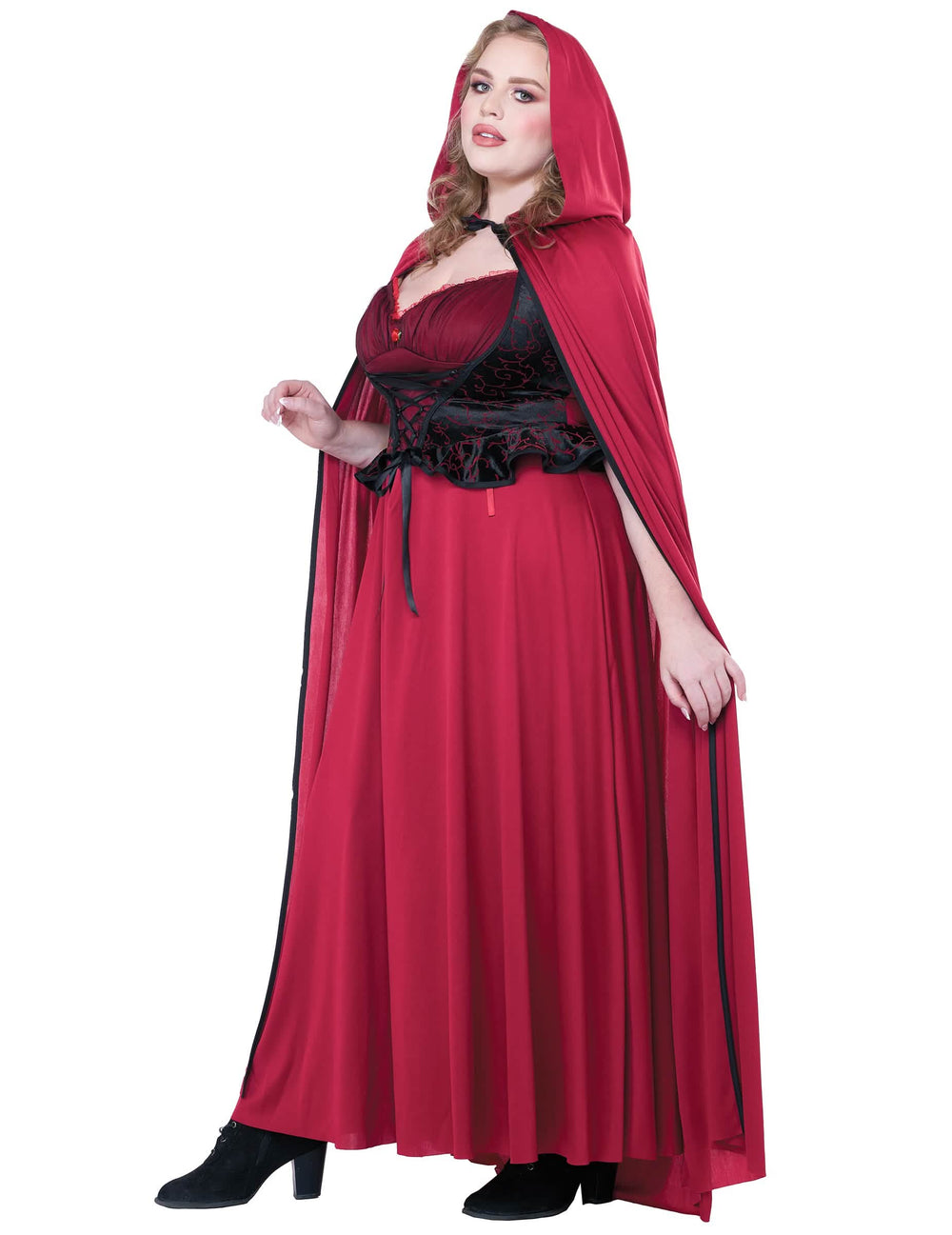 Zijaanzicht van het gothic roodkapje-festief kostuum voor dames