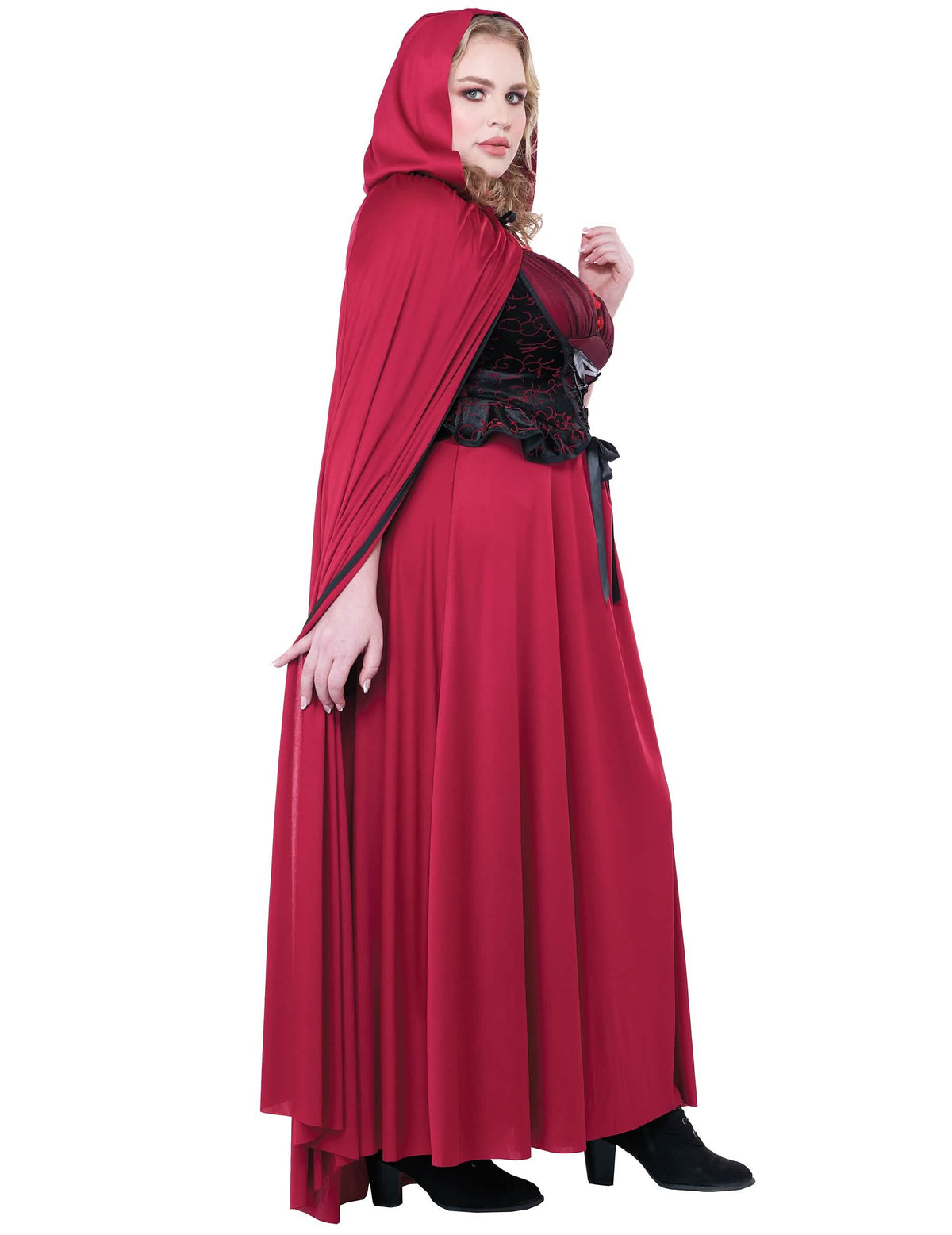 Zijaanzicht van het gothic roodkapje-festief kostuum voor dames