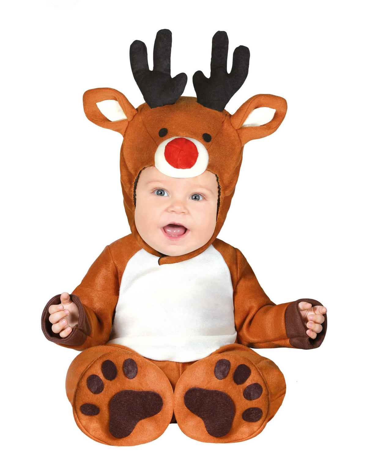 Verkleedpakje klein rendier voor baby's bruin en wit met rood neusje