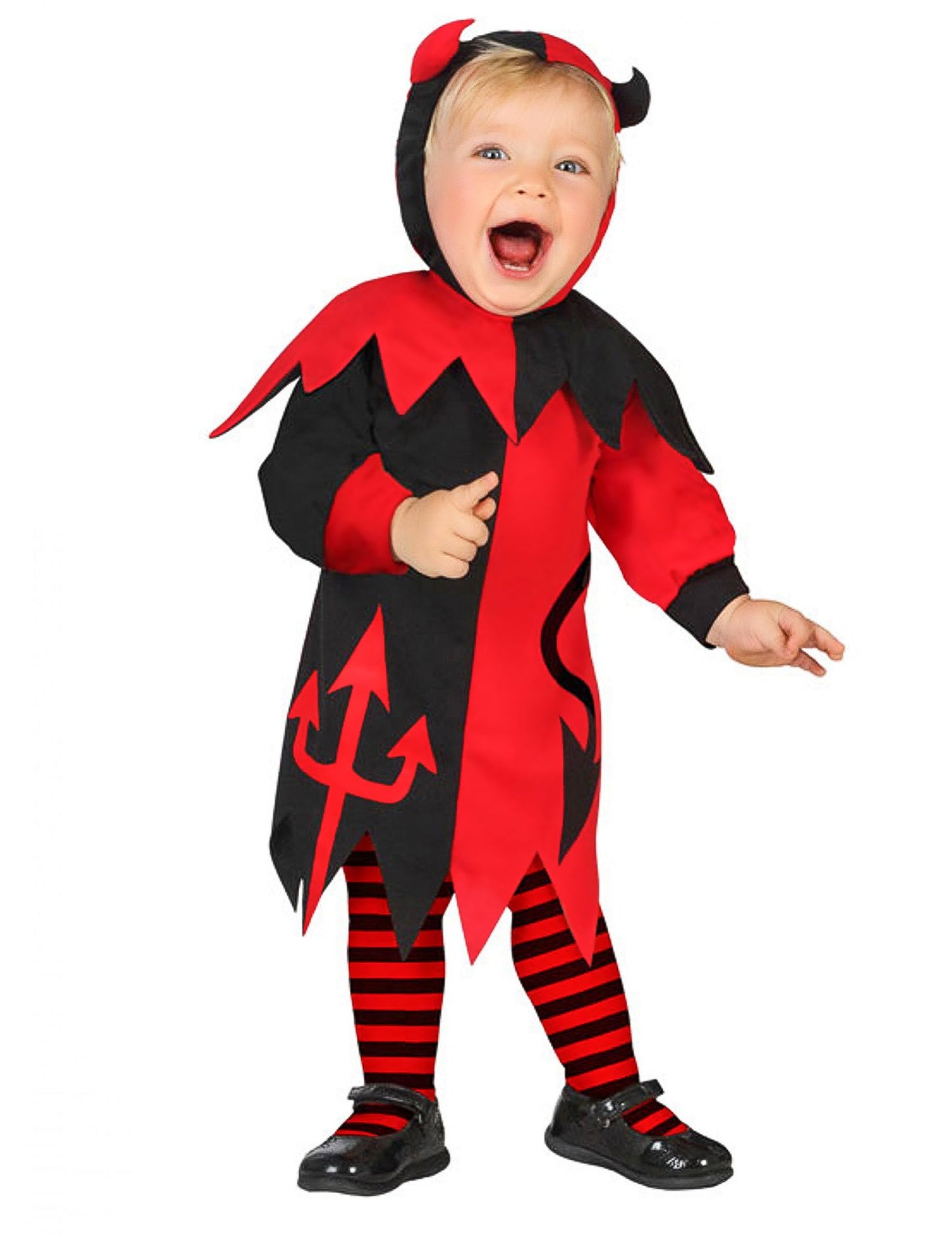 Déguisement de diablesse pour bébé rouge et noir avec cornes et collants rayés