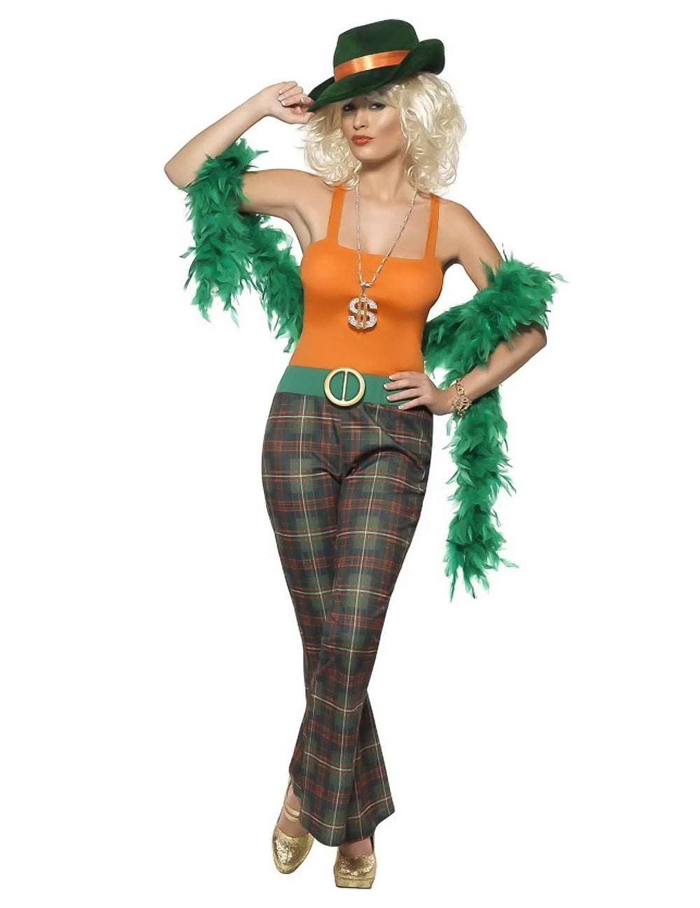 Verkleedpak pimp Lady voor dames groen en oranje met geruite broek