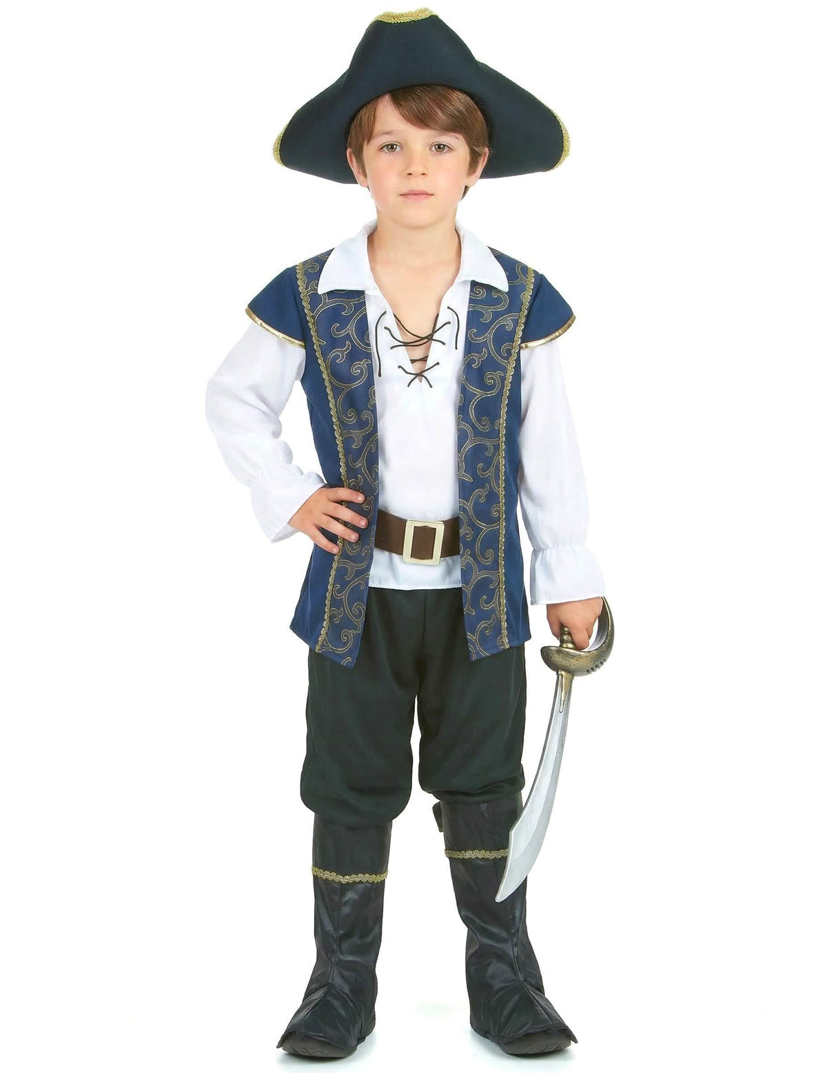Piratenkostuum voor jongens blauw en wit met driehoekige hoed en sabel