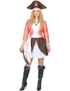 Déguisement pirate pour femme rose et marron avec chapeau et dentelle blanche