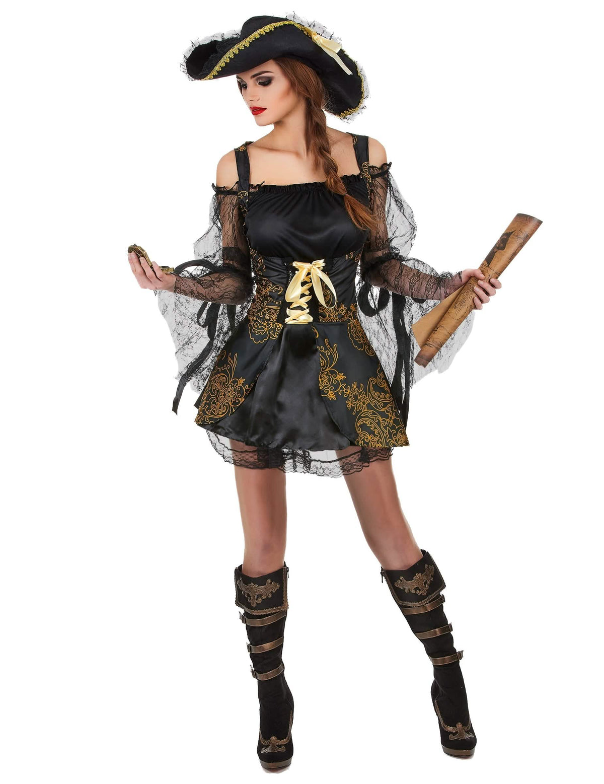 Déguisement de pirate pour femme noir et doré avec chapeau et manches en dentelle