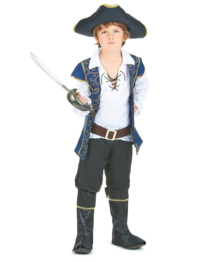 Vue de face de la tenue garçon du déguisement de couple capitaines pirates chic pour enfants