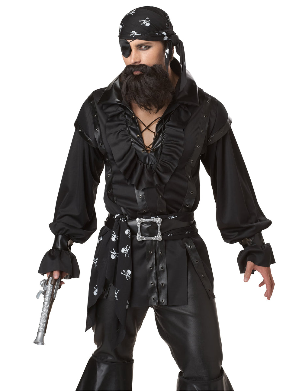 Détail du buste et des accessoires du déguisement de pirate pour homme noir