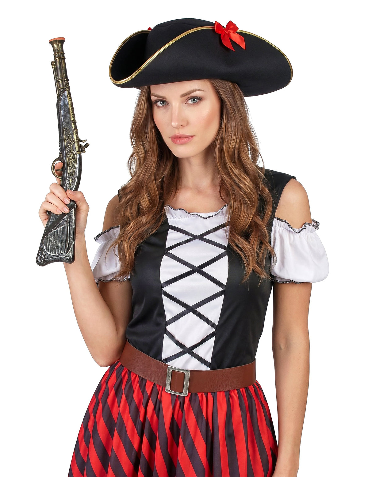 Rood en zwart gestreept piratenkostuum voor vrouwen