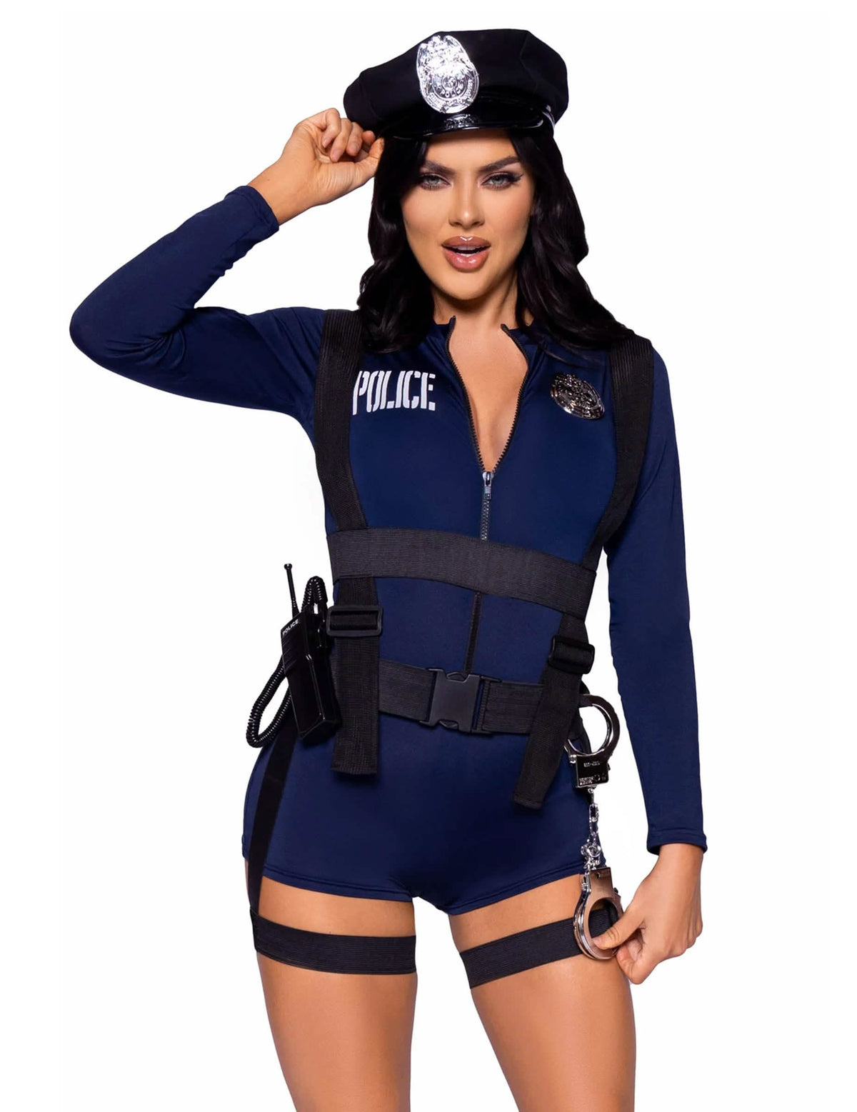 Déguisement policière combishort sexy pour femme bleu marine avec casquette