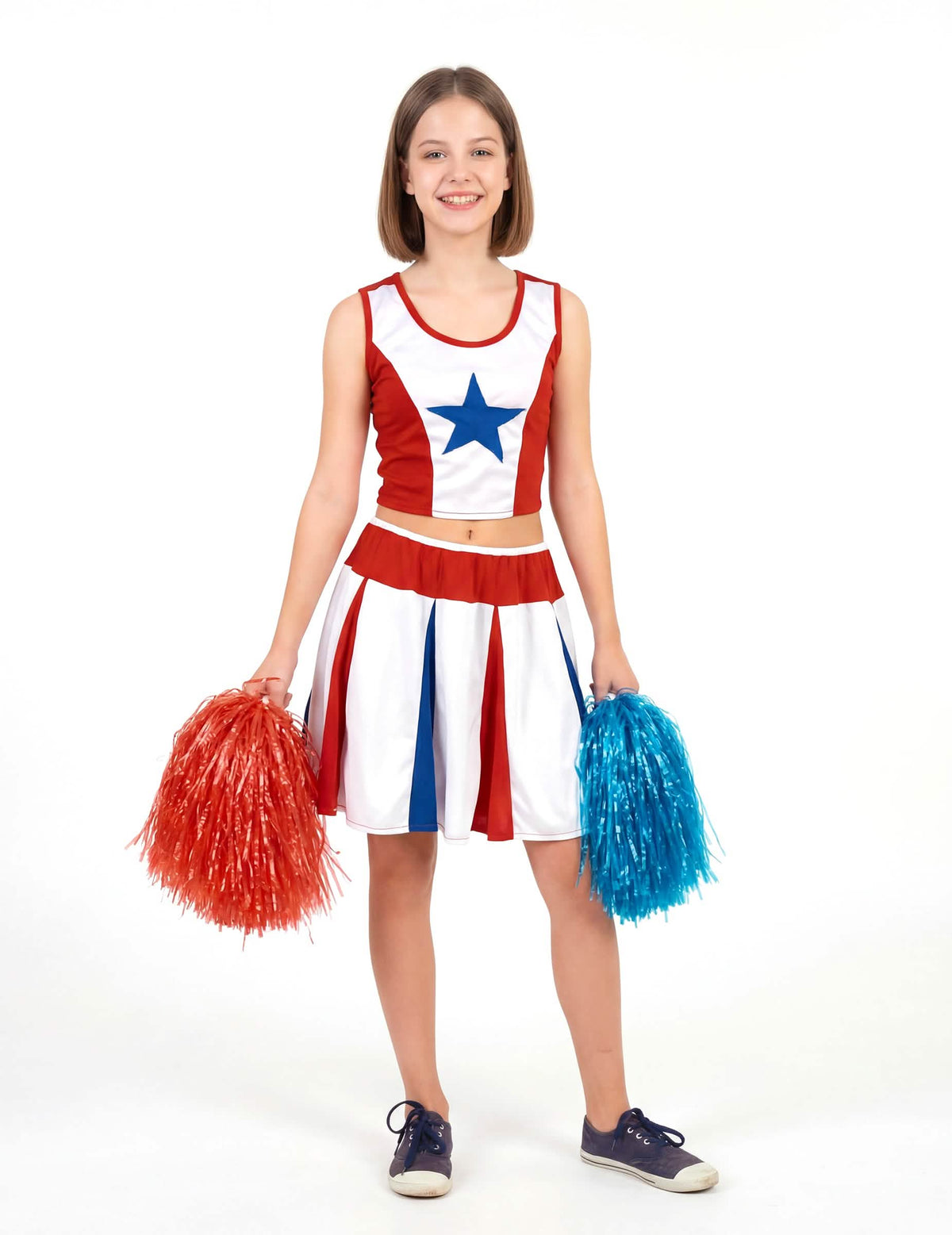 Verkleedkostuum van cheerleaderster voor meisjes rood wit en blauw met pompons