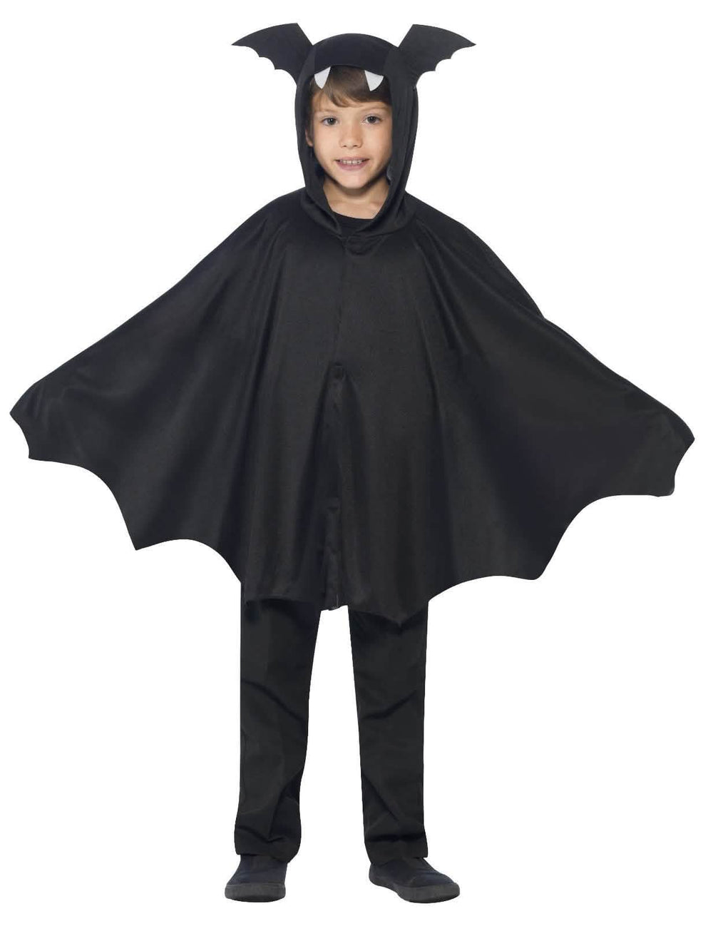 Déguisement poncho chauve-souris pour enfant noir avec capuche à oreilles et dents