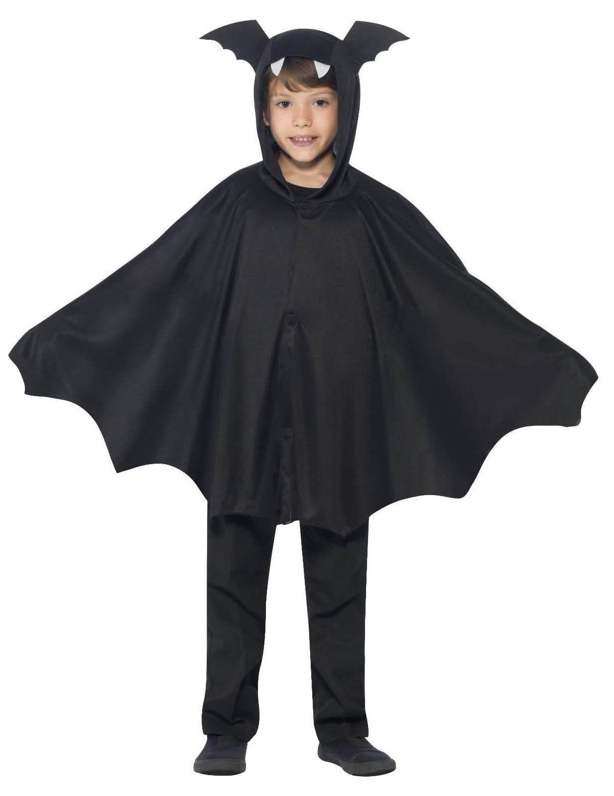 Déguisement poncho chauve-souris pour enfant noir avec capuche à oreilles et dents
