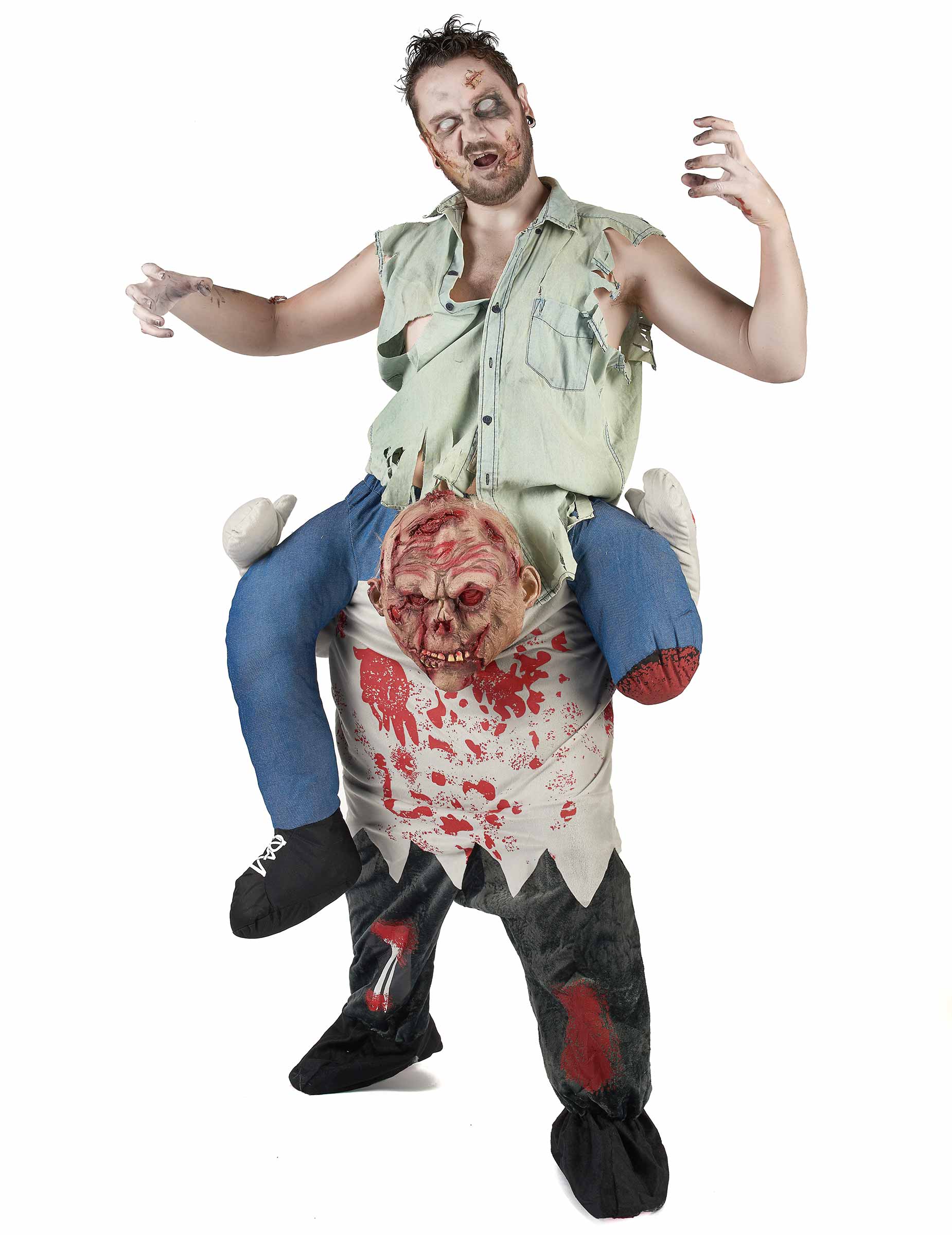 Déguisement porte-moi zombie pour adulte Halloween ensanglanté avec chemise bleue déchirée
