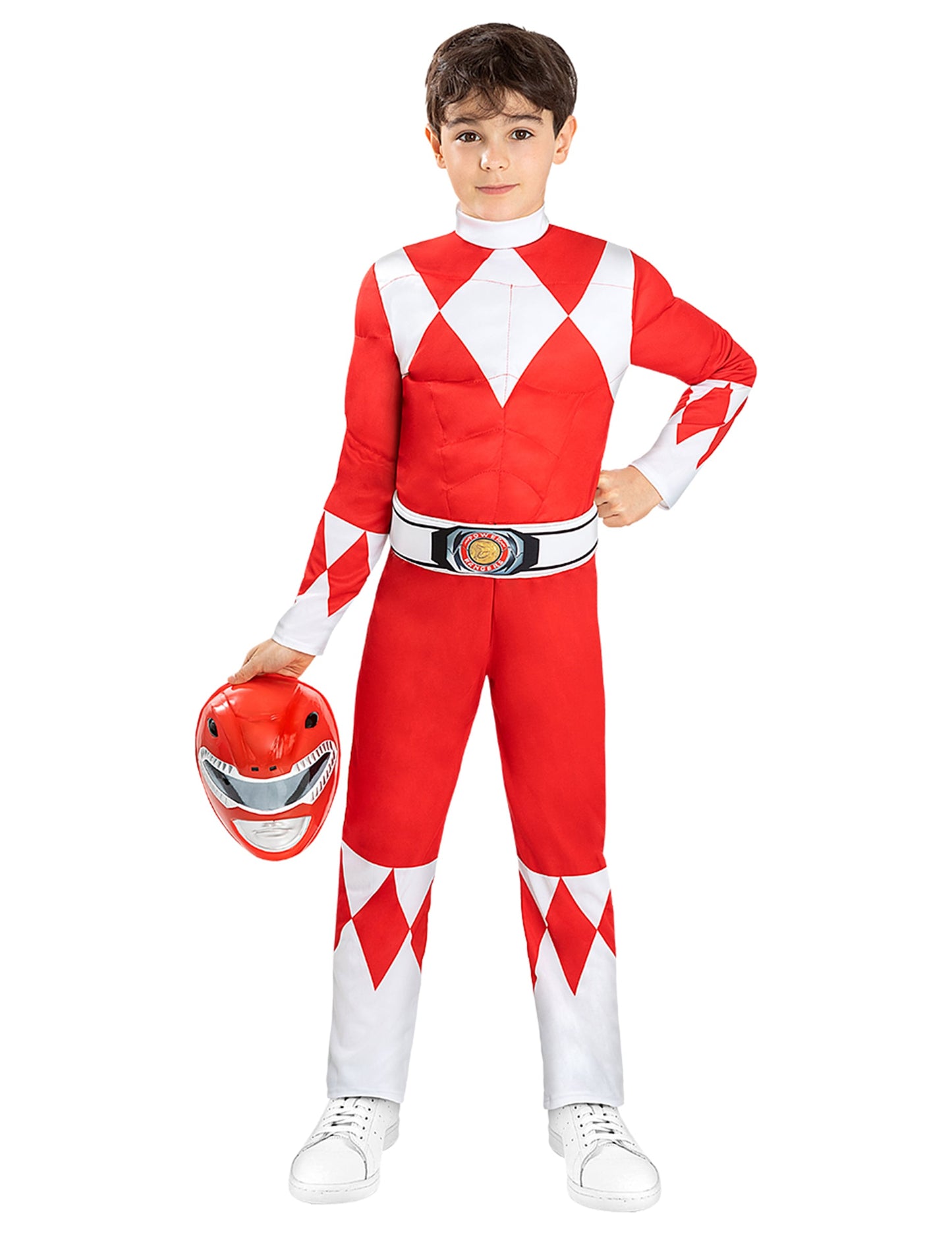 Masque tenu à la main du déguisement Power Ranger rouge musclé