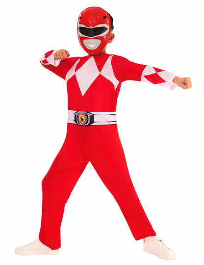 Vue de face en position d'action du déguisement Power Ranger rouge pour enfant