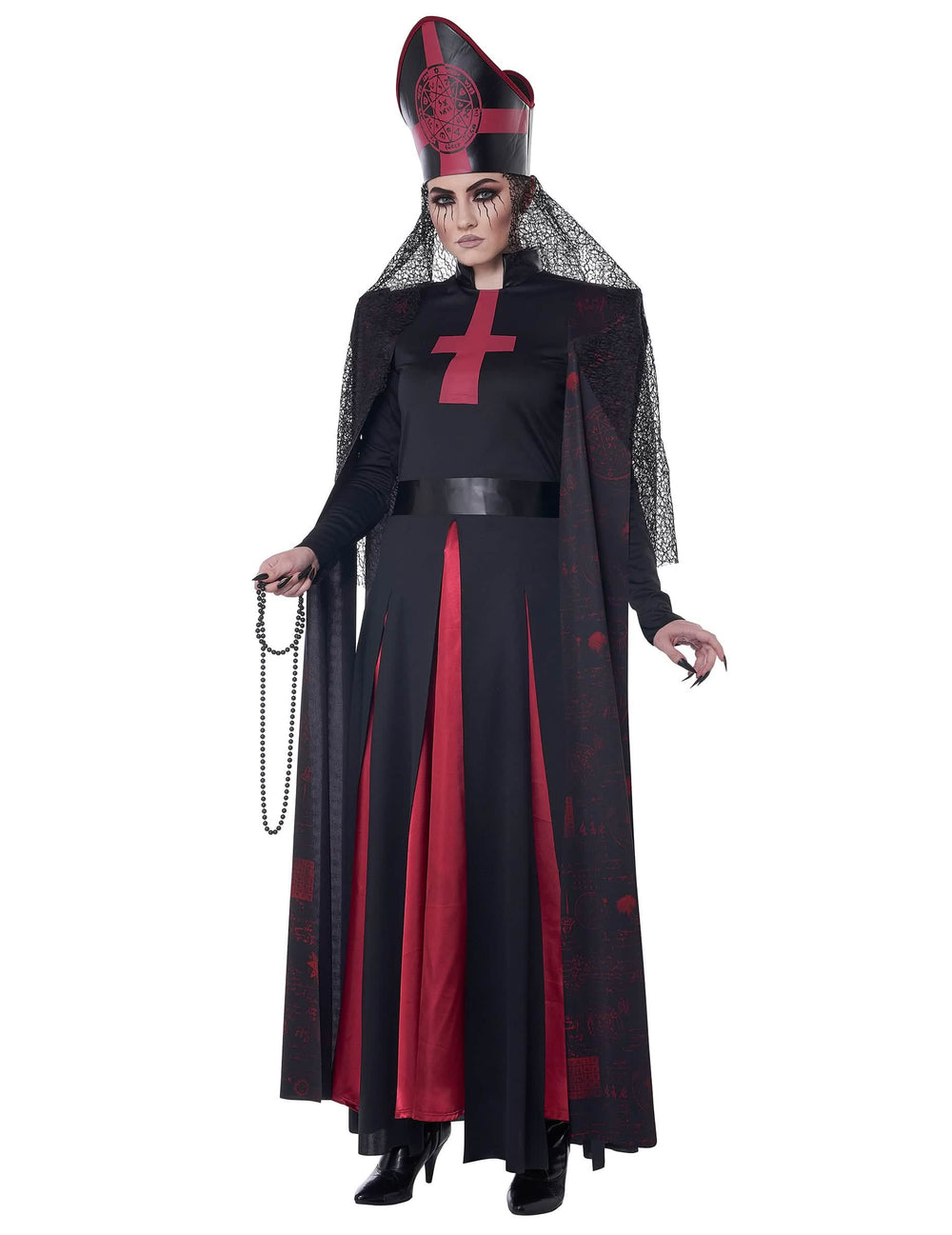 Déguisement prêtresse occulte luxe pour femme noir et rouge avec coiffe et voile