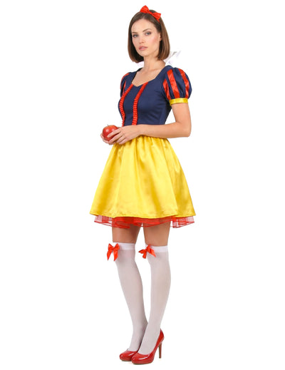 Déguisement Princesse des 7 Nains pour femme jaune et bleu avec serre-tête rouge