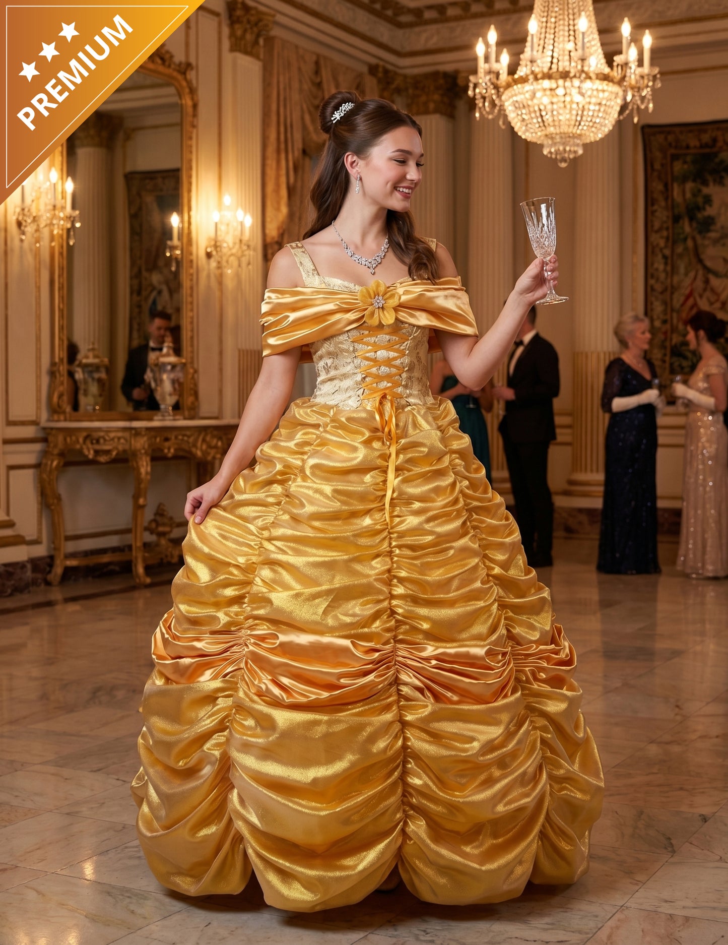hoogwaardig geel prinsessenkostuum voor dames