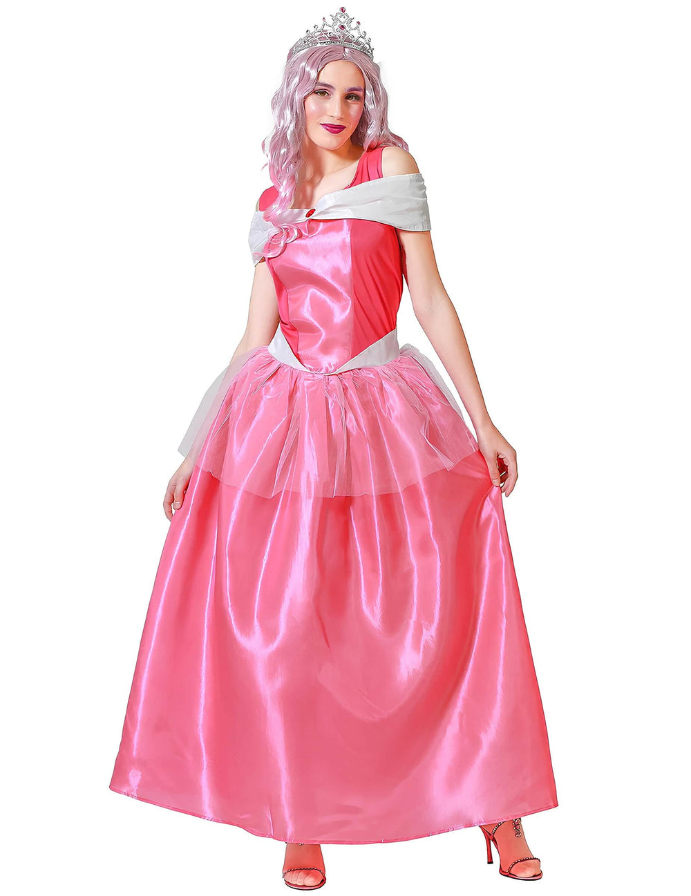 Déguisement de princesse pour femme rose satiné avec tiare argentée