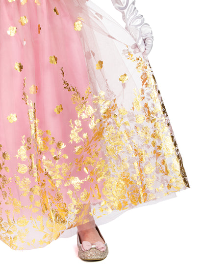 Détail du bas de la jupe à motifs dorés du déguisement de princesse pour fille rose gold