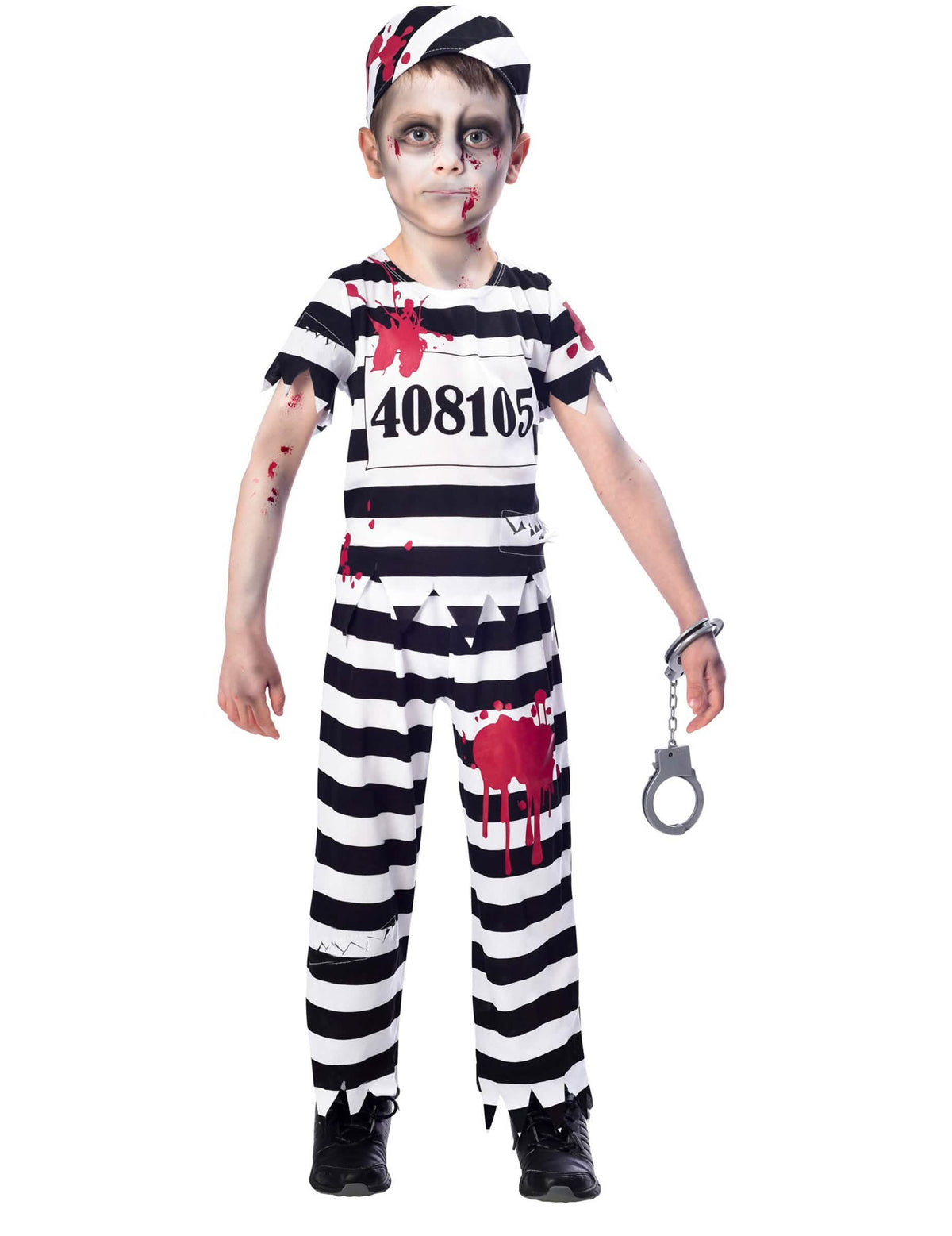Déguisement prisonnier zombie pour garçon rayé noir et blanc ensanglanté