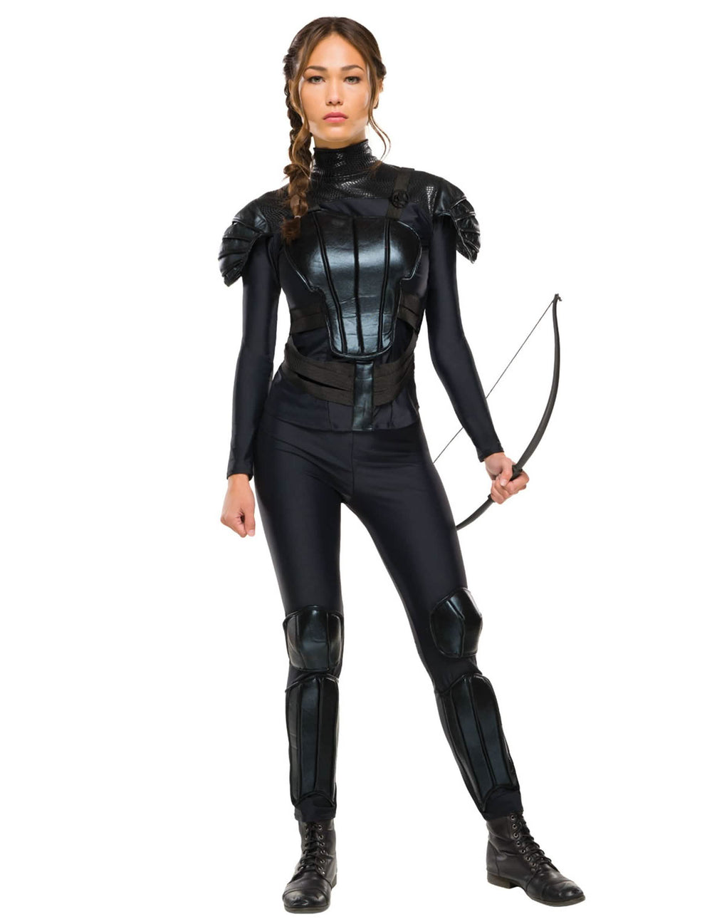Opstandig Katniss Hunger Games™-kostuum voor dames zwart met harnas en boog