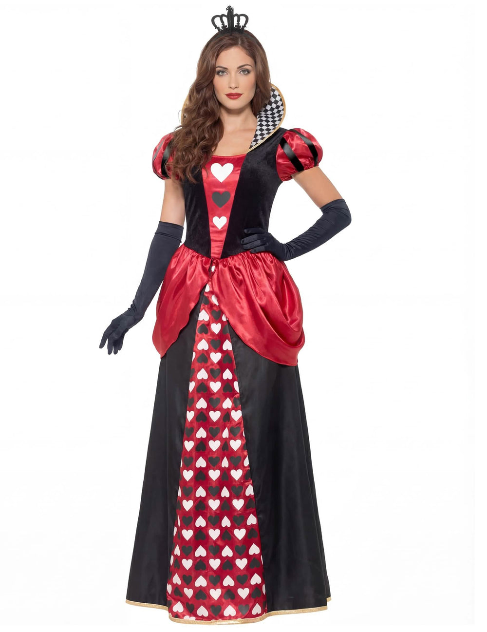Déguisement reine de coeur longue pour femme rouge et noir avec motifs cœurs et couronne