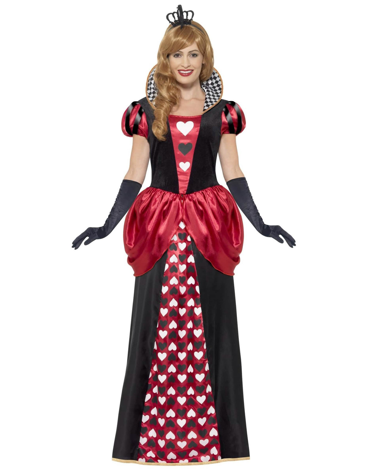 Verkleedkleding hartenkoningin voor dames lang rood en zwart met hartmotieven en kroon