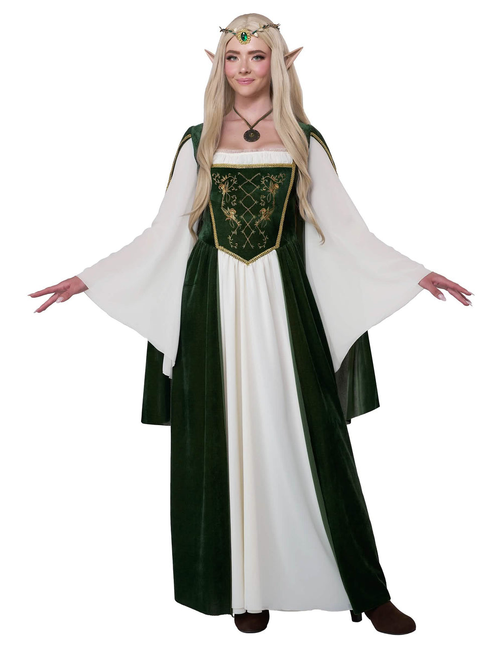 Déguisement de reine elfique pour femme vert et blanc avec manches évasées