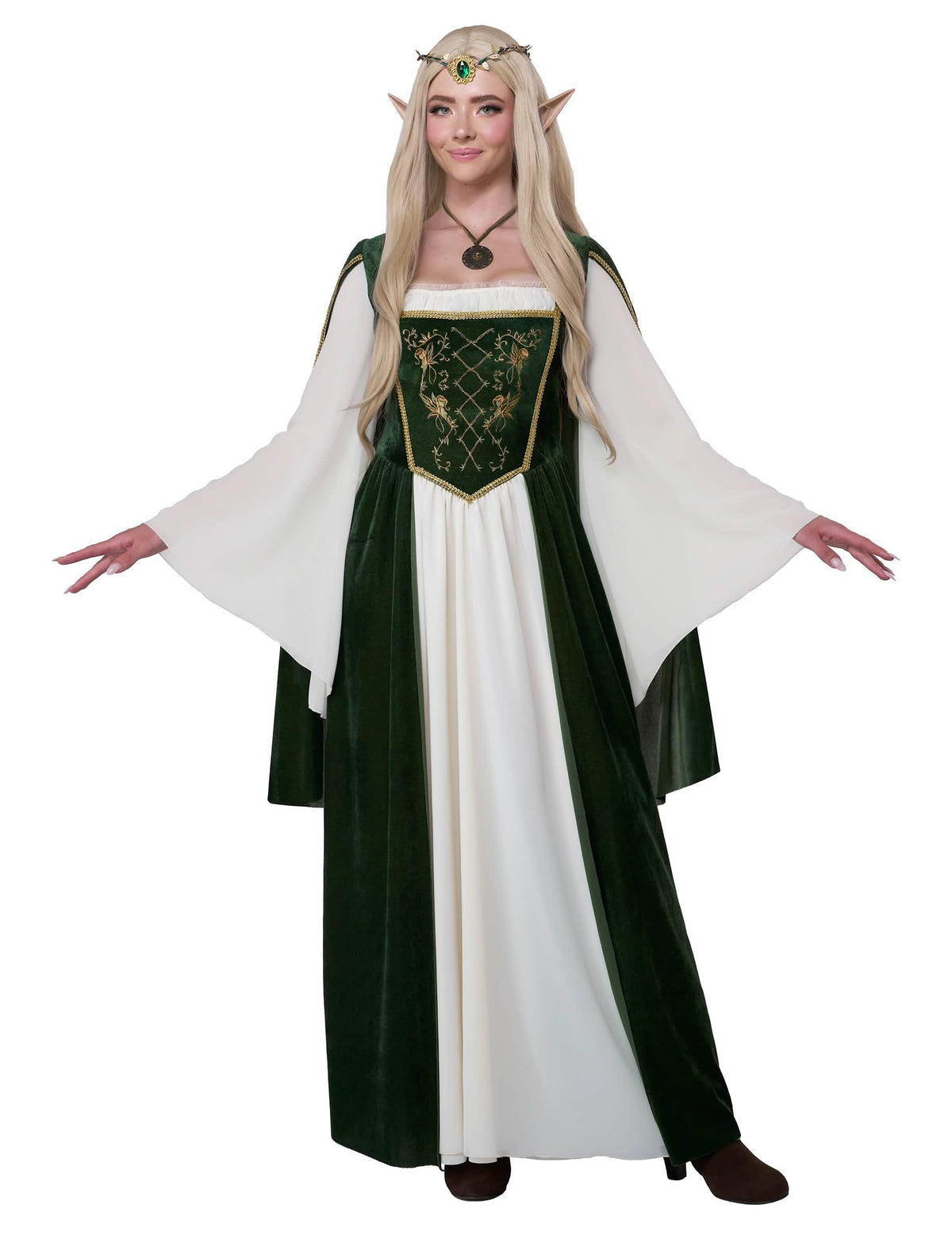 Déguisement de reine elfique pour femme vert et blanc avec manches évasées
