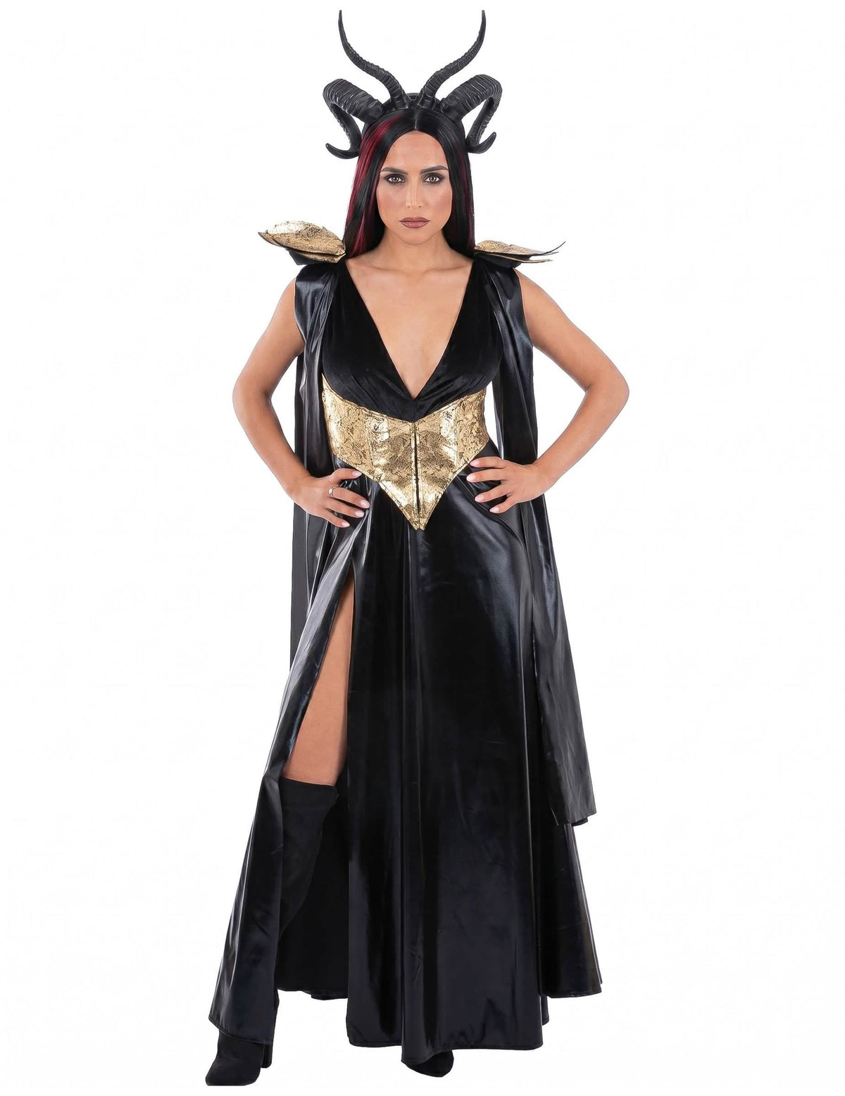 Déguisement reine maléfique noir et or femme