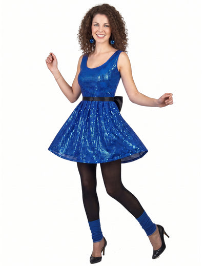 Déguisement robe disco bleue paillette avec gros noeud femme