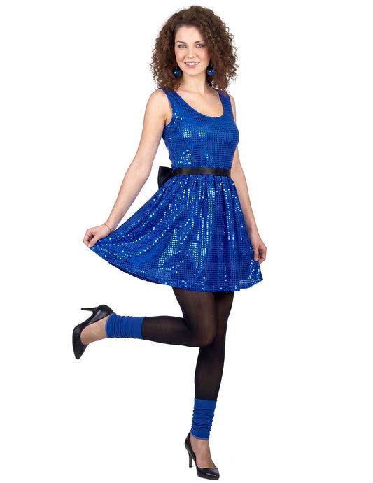Déguisement robe disco bleue paillette avec gros noeud femme