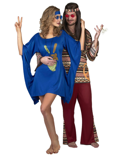 Version couple du déguisement robe hippie peace et love pour femme