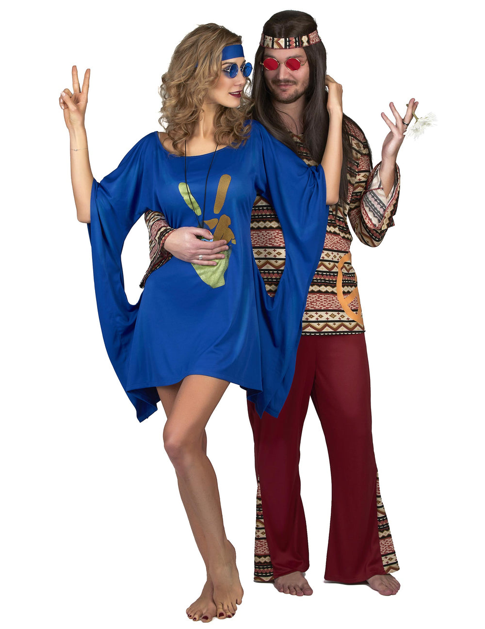 Version couple du déguisement robe hippie peace et love pour femme